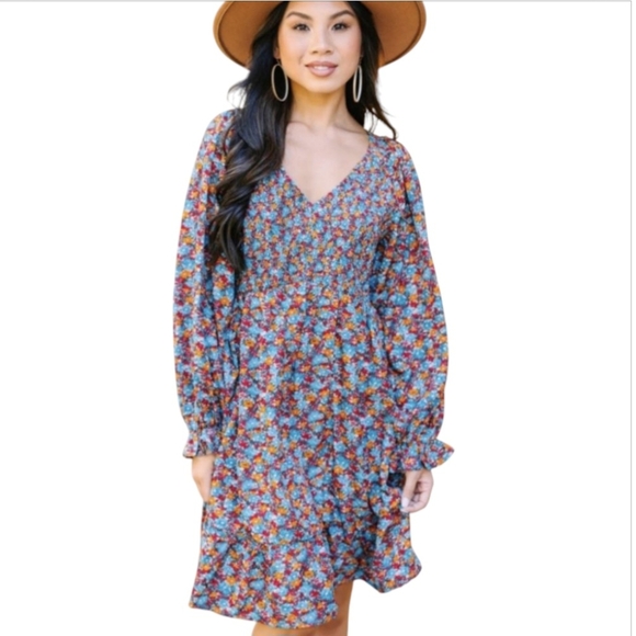 JODIFL Dresses & Skirts - JODIFL Ditsy Floral Smocked Balloon Sleeve Ruffle Hem Boho Dress Size Large